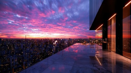 Wall Mural - a city skyline at sunset viewed from a high-rise building with tall buildings in the background