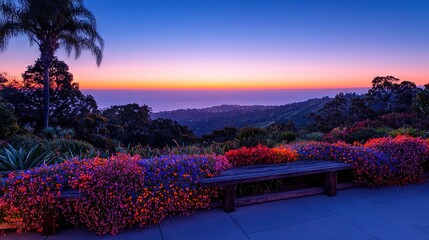 Wall Mural - a garden bench facing mountain and ocean views