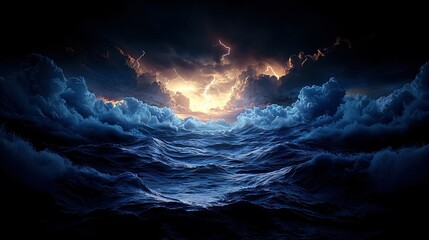 Wall Mural - a vast water expanse beneath an overcast sky, illuminated by lightning bolts emanating from above