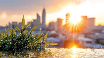 Wall Mural - a plant with water droplets in front of a cityscape at sunset