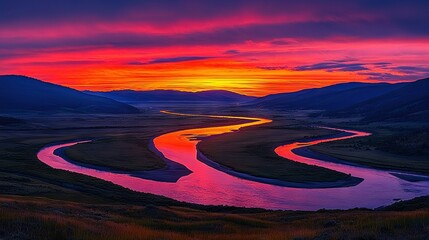Wall Mural - a river flows through a green valley beneath red and purple skies, surrounded by towering mountains
