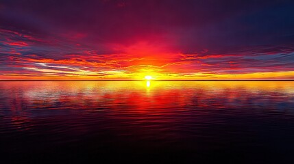 Wall Mural - a vast expanse of water with a striking sunset reflected on its surface and wispy clouds overhead
