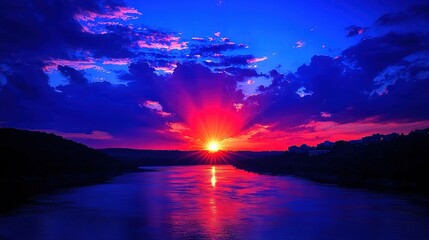 Wall Mural - sunset on water with trees in foreground and dark clouds in background