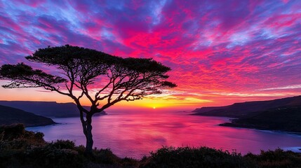 Wall Mural - a stunning sunset on a lake features a tree in the foreground and a captivating blend of pink and pu