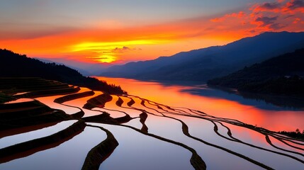 Wall Mural - the sun is setting over the mountains as the water reflects both the mountains and the sky