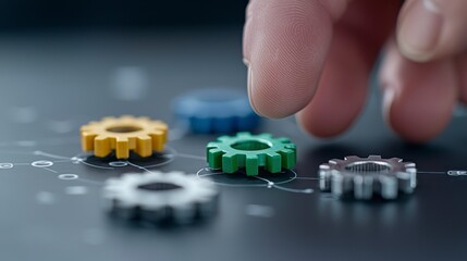 Hand Selecting Colorful Gears on Business Strategy Diagram Background