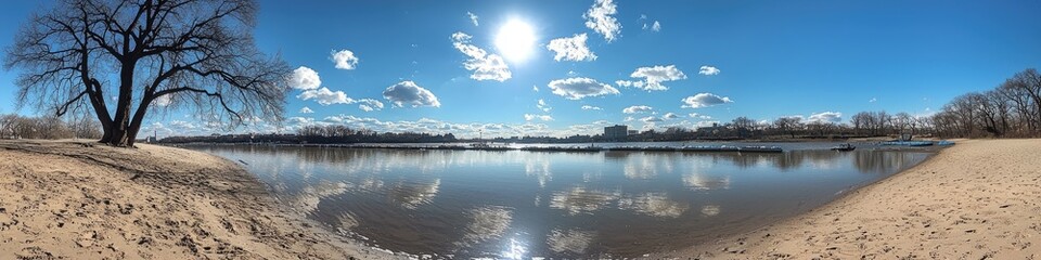 sunny day by calm river, sandy beach, tree