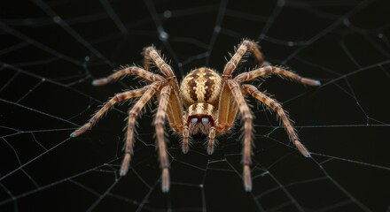 Spider on its Web - Close-up of a spider on its intricate web against a black background. Detailed view of its legs and body