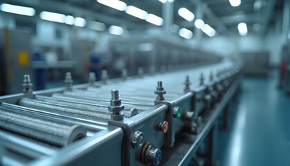 Fototapete - Modern industrial food processing plant interior with automated conveyor belt system. Metal machinery, stainless steel equipment, production line. Factory background, manufacturing process, quality