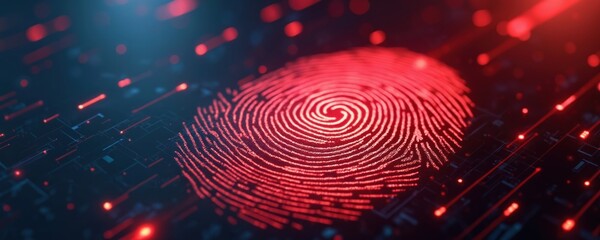 Fototapete - Glowing red fingerprint on abstract tech background. Biometric identification, digital security, access system, futuristic tech concept. Data protection, cyber security, verification authentication.