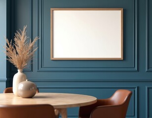 Poster - Empty picture frame on blue wall in modern living room with dining table, chairs. Mockup interior in minimalist, contemporary style. Free space for picture, poster, art. Modern home decor, design,