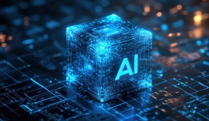 Wall Mural - futuristic ai hologram glowing on a digital circuit background