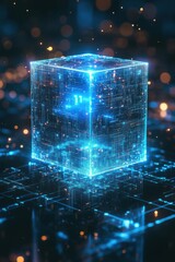 Wall Mural - glowing blue cube hologram with futuristic neon technology patterns and sparks