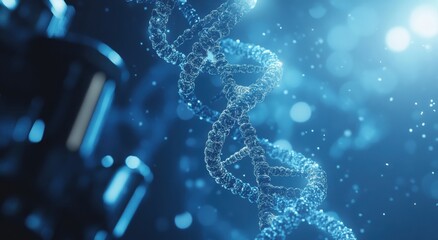 Wall Mural - close-up visualization of dna sequences in a microscopic setting under blue light