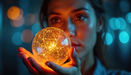 Aufkleber - Woman holds glowing sphere tech innovation. Sphere represents global network connections, future technology, innovative concepts. Modern tech background, concept of idea, light bulb, ai, data,