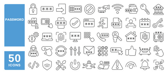 Set of 50 line icons related to password, protection, code, private, passcode, user, access, encryption, Editable stroke. Vector illustration