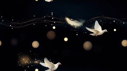 Wall Mural - two white birds soaring together against a dark background with numerous small white dots in the sky