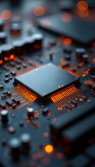 Leinwandbilder - Close-up detail of modern motherboard, digital chipset. Microprocessor, integrated circuit, processor, AI technology concept. Orange color glowing data flow, tech design abstract background.