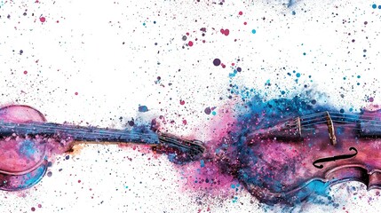 Wall Mural -   A watercolor depiction of a violin adorned with blue and pink paint splatters, gracing its body and neck