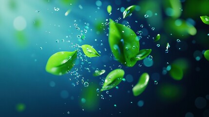 Wall Mural -   A cluster of emerald foliage bobbing atop azure aqua with droplets splashing
