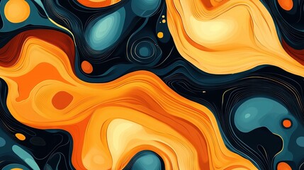 Wall Mural - an abstract painting in orange, blue, and black with bubble patterns at the bottom