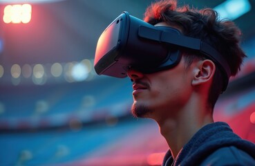 Fototapete - Man wearing VR headset. Immersive experience, technology, virtual reality gaming. Focus on eyes. Blurred stadium background, sports events. Entertainment, innovation, future tech. Modern tech