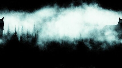 Wall Mural - a black and white photograph of a wolf in a misty forest with tall trees surrounding it