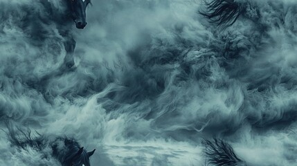 Wall Mural - a cluster of steeds grazing atop a verdant meadow enveloped by clouds and haze