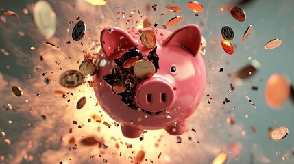 3D-rendered image of a pink piggy bank exploding with coins flying out, symbolizing savings, finance, or economic impact
