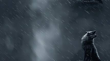 Wall Mural - a monochrome image depicts a wolf in the rain gazing upward at a bird perched high in a tree