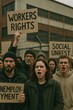 © HannaStudio - Protesters holding signs demand workers' rights and highlight social issues. The scene embodies themes of economic crisis and social unrest.