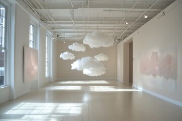 Leinwandbilder - Cloud installations create a serene atmosphere in an art gallery showcasing contemporary design and light play