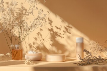 Poster - Natural beauty products arranged artistically with soft lighting and delicate florals on a warm surface