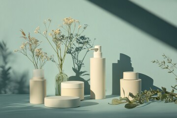 Poster - Natural skincare elements arranged aesthetically with soft lighting against a mint green background showcasing tranquility and elegance