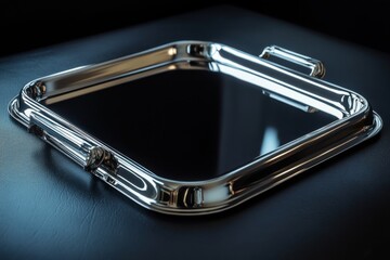 Aufkleber - Reflective metallic tray rests on a dark surface highlighting its shiny edges and sleek design for a sophisticated setting