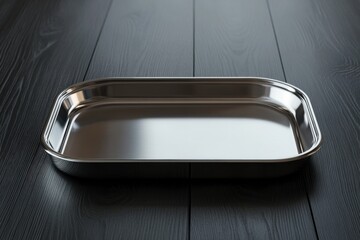 Leinwandbilder - Stainless steel tray on dark wooden surface in a bright kitchen setting during midday