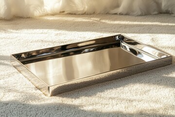 Poster - Stylish metallic tray placed on a soft textured surface illuminated by natural light in a cozy interior setting