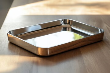 Fototapete - Sleek metal tray with wooden edges resting on a table in natural sunlight