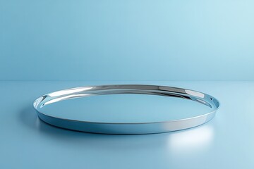 Poster - Reflective metal tray on a soft blue background showing vibrant visuals and minimalistic design elements