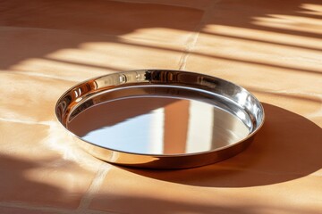 Fototapete - Reflective metallic tray resting on a warm terracotta surface in bright sunlight