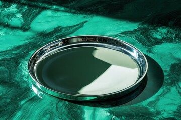 Poster - Reflective metallic tray on a vibrant green surface highlighting light and texture