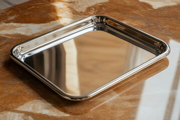 Aufkleber - Polished metal tray resting on a marble surface in a well-lit indoor space during the day