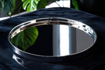 Poster - Reflective metal tray placed on a black surface with green plants in the background during daytime sunlight