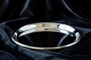 Poster - Shiny reflective serving tray placed on dark fabric background with smooth texture