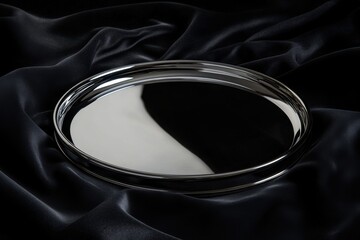 Poster - Shiny silver tray resting on a dark, elegant fabric background highlighting its reflective surface