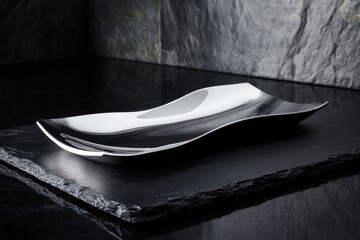 Poster - Elegant silver serving tray displayed on a dark slate surface in a modern dining setting at night