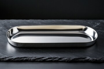 Aufkleber - Shiny stainless steel serving tray on dark slate background enhancing modern kitchen decor