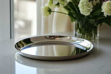 Aufkleber - Elegant silver tray placed on a marble table beside a vase of fresh flowers in a bright room during daylight hours