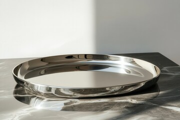 Aufkleber - Shiny metal serving tray on a marble surface under natural light