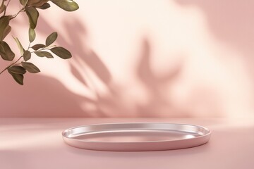 Fototapete - Soft shadows dance on a pink surface with a metallic tray and green foliage in a serene setting
